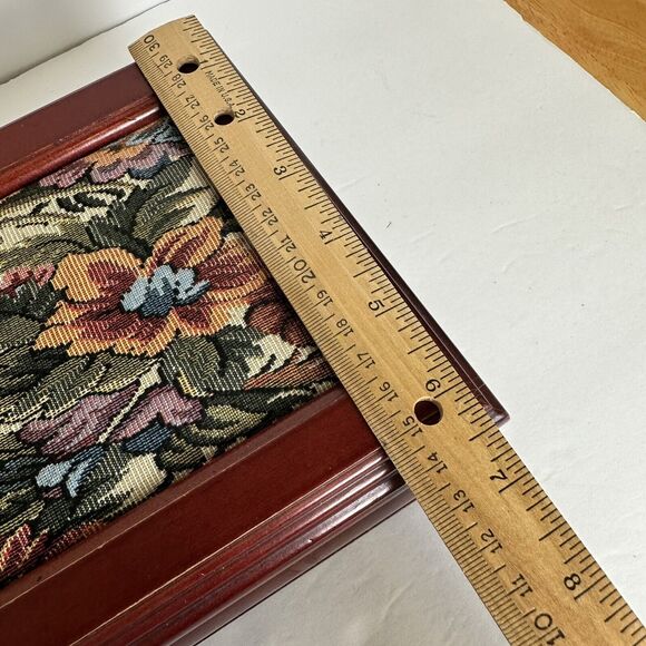Vtg Wooden Jewelry Box Dark Floral Fabric Top Pink Felt Interior‎ Mirror In Lid - Picture 10 of 11